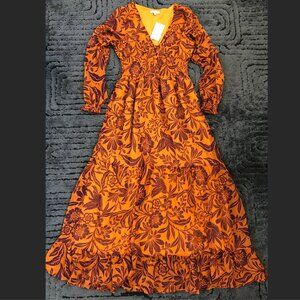 NWT Patrons of Peace maxi dress floral long sleeve SMALL orange BOHO vibes!
